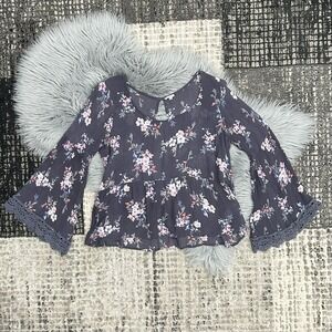 En‎ Creme Womens Purple Floral Crepe Bell Crochet Lace Sleeve Peasant Boho Large